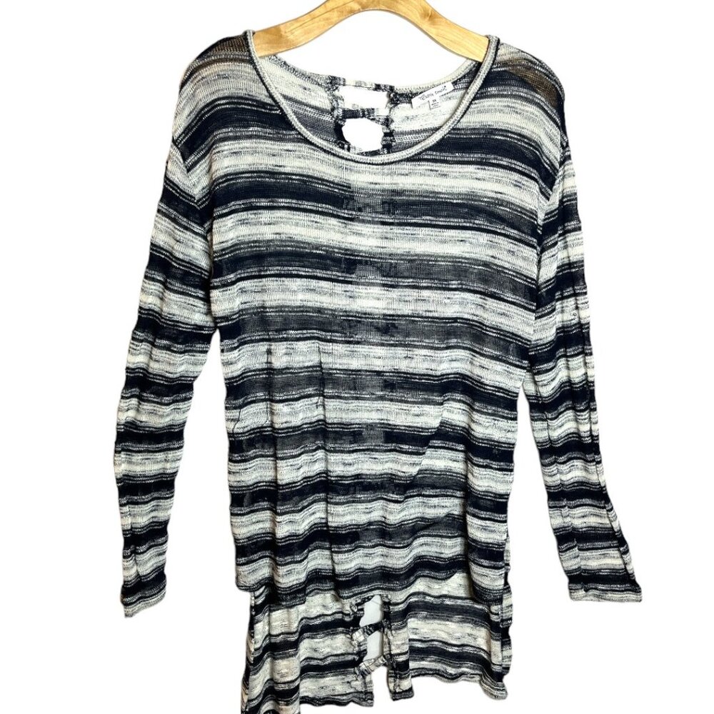 EXTRA TOUCH Faux Lace-Back Detail With Drop-Back Striped Sweater